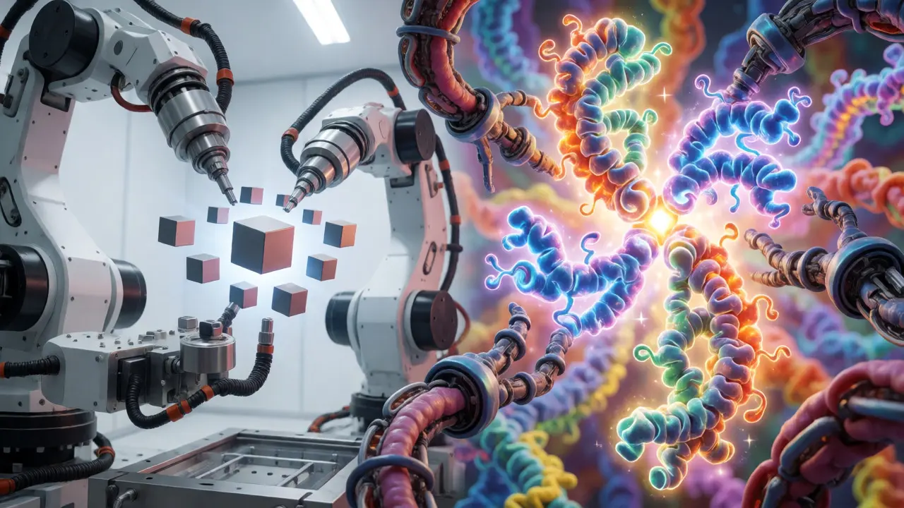 Comparison of rigid chemical assembly versus complex biological weaving