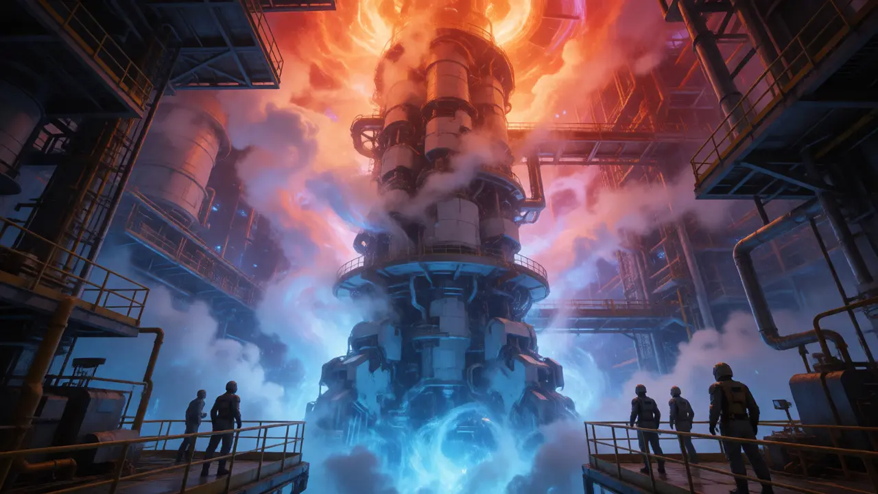 Giant bioreactor tower in a futuristic facility with engineers